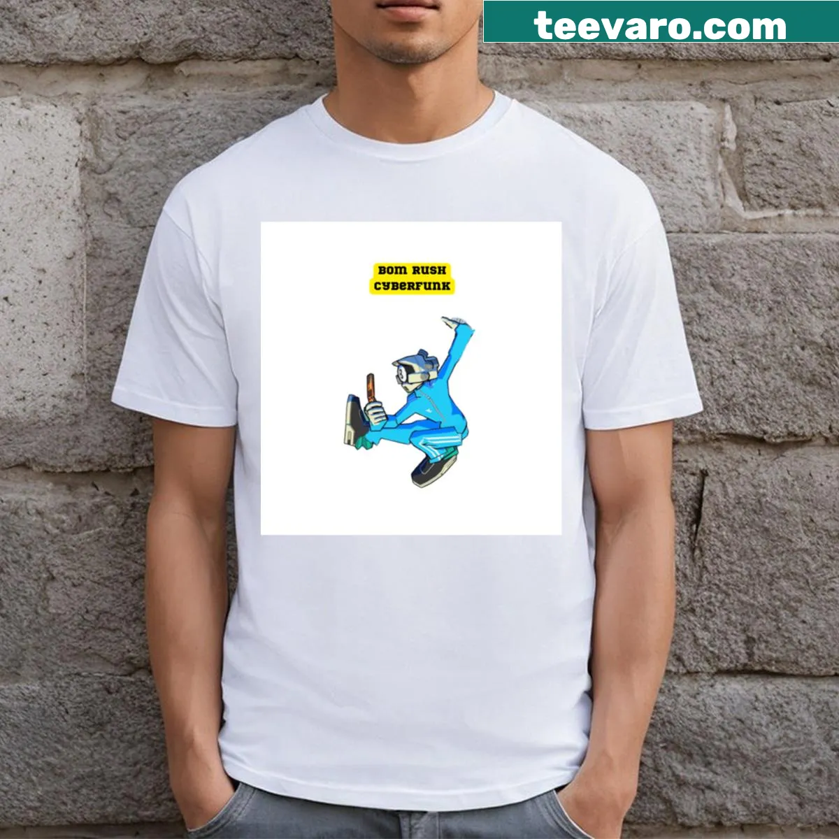 Bom Rush Cyberfunk game-themed T-shirt with nostalgic design — on a men's t-shirt