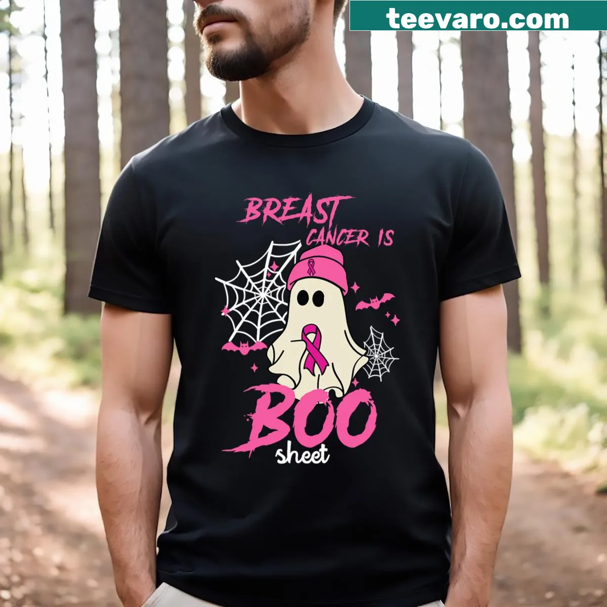 Humorous Halloween t-shirt with text about breast cancer awareness — on a men's t-shirt
