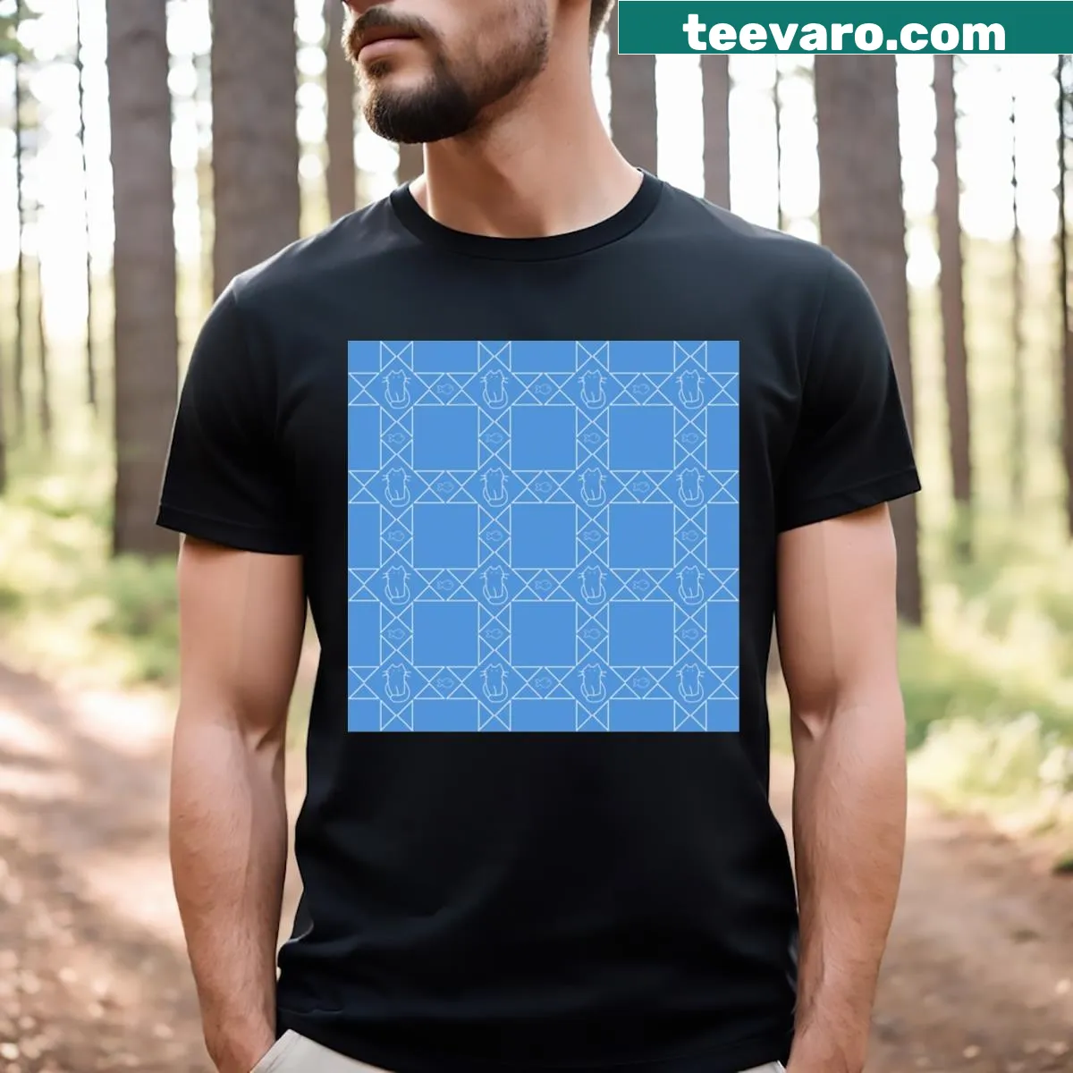 Outline pattern of catfish in triangles on a blue background t-shirt — on a men's t-shirt