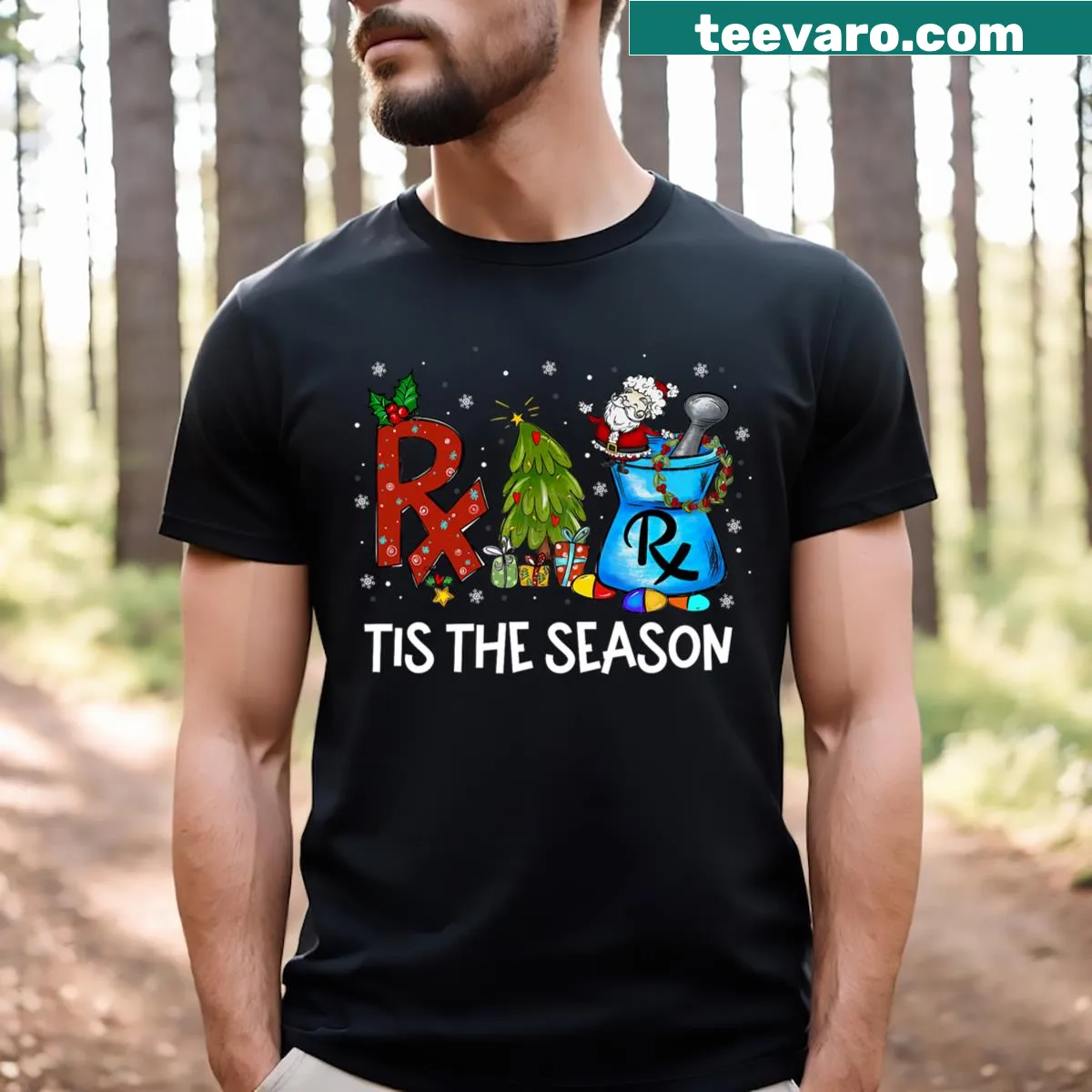 Christmas t-shirt for pharmacy technicians with festive design — on a men's t-shirt