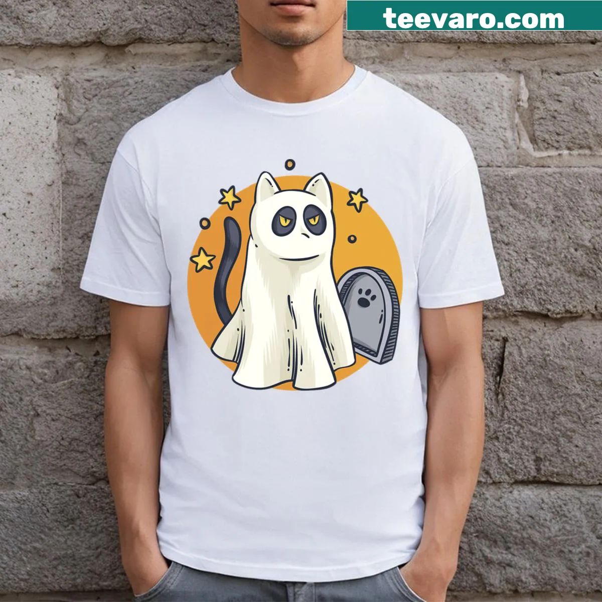 Cute ghost cat Halloween T-shirt design — on a men's t-shirt