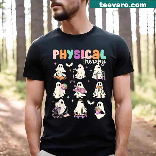 Cute Halloween ghost with therapy tools on a T-shirt.