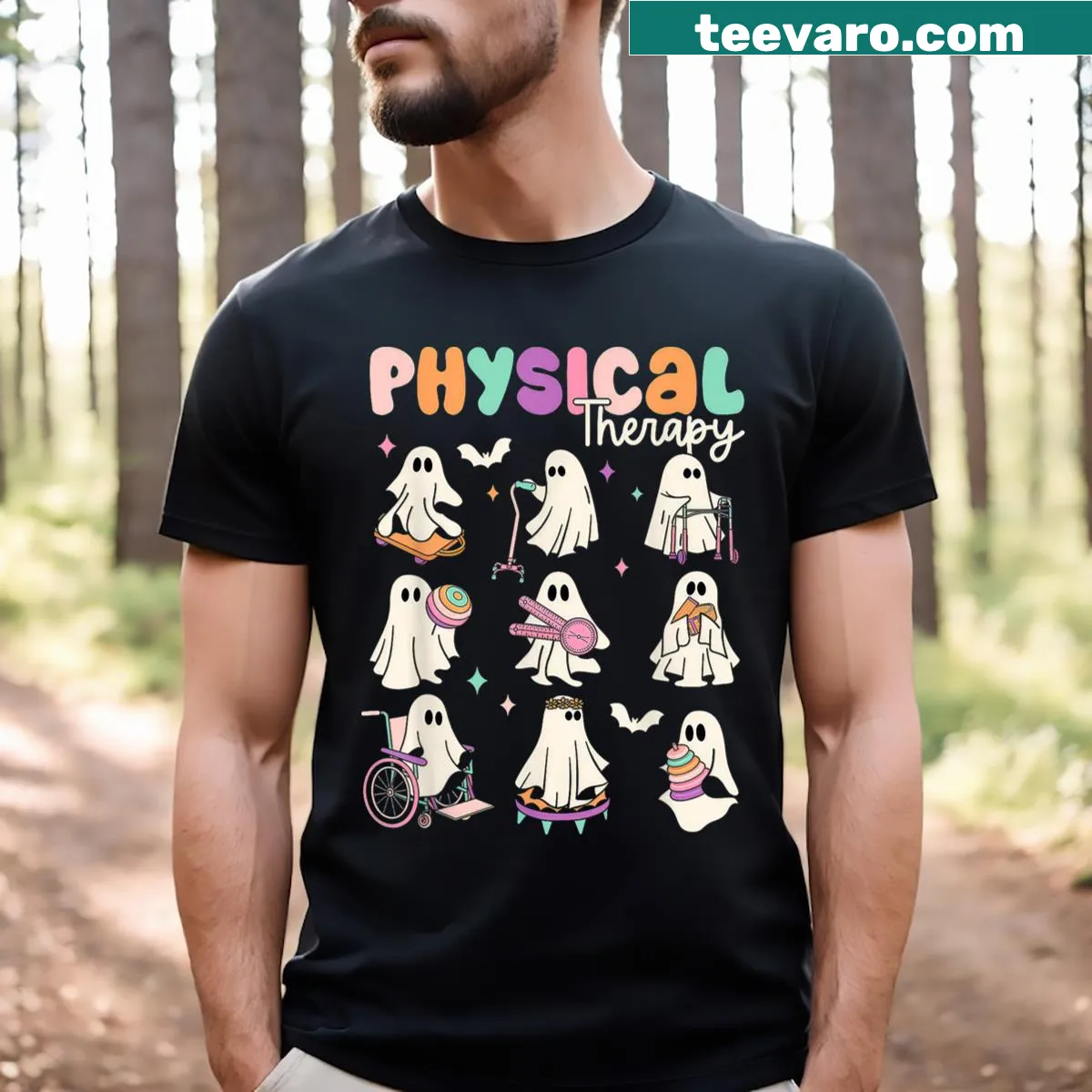 Cute Halloween ghost with therapy tools on a T-shirt. — on a men's t-shirt