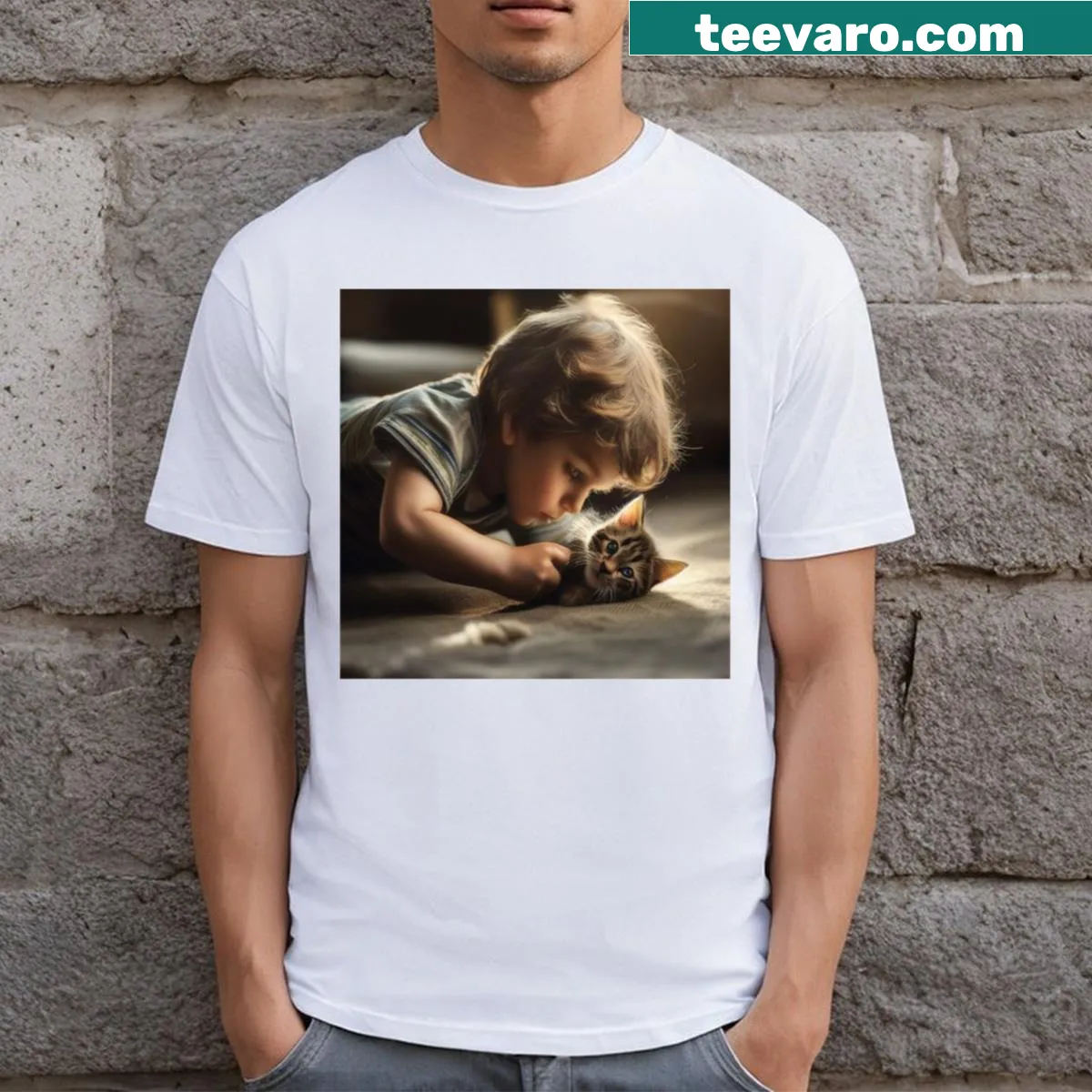 Illustrated cute kitten and family friend design for a casual T-shirt — on a men's t-shirt