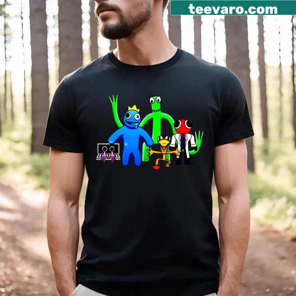 Cartoon of video game characters in rainbow colors on a T-shirt.