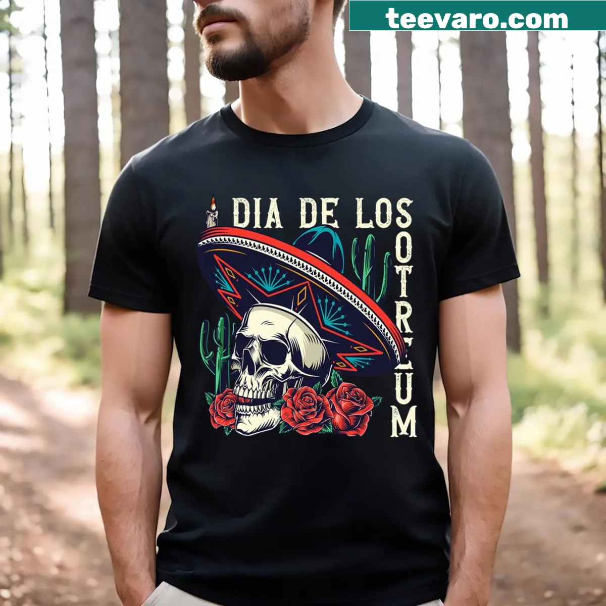 T-shirt with intricate Dia De Los Muertos designs celebrating the holiday — on a men's t-shirt