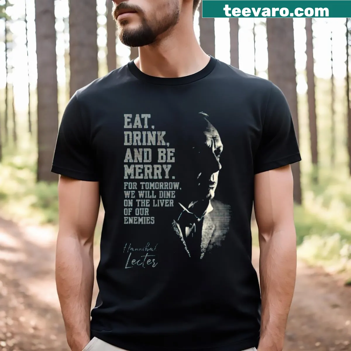 Typography T-shirt with the phrase 'Eat Drink And Be Merry' in a cheerful font — on a men's t-shirt