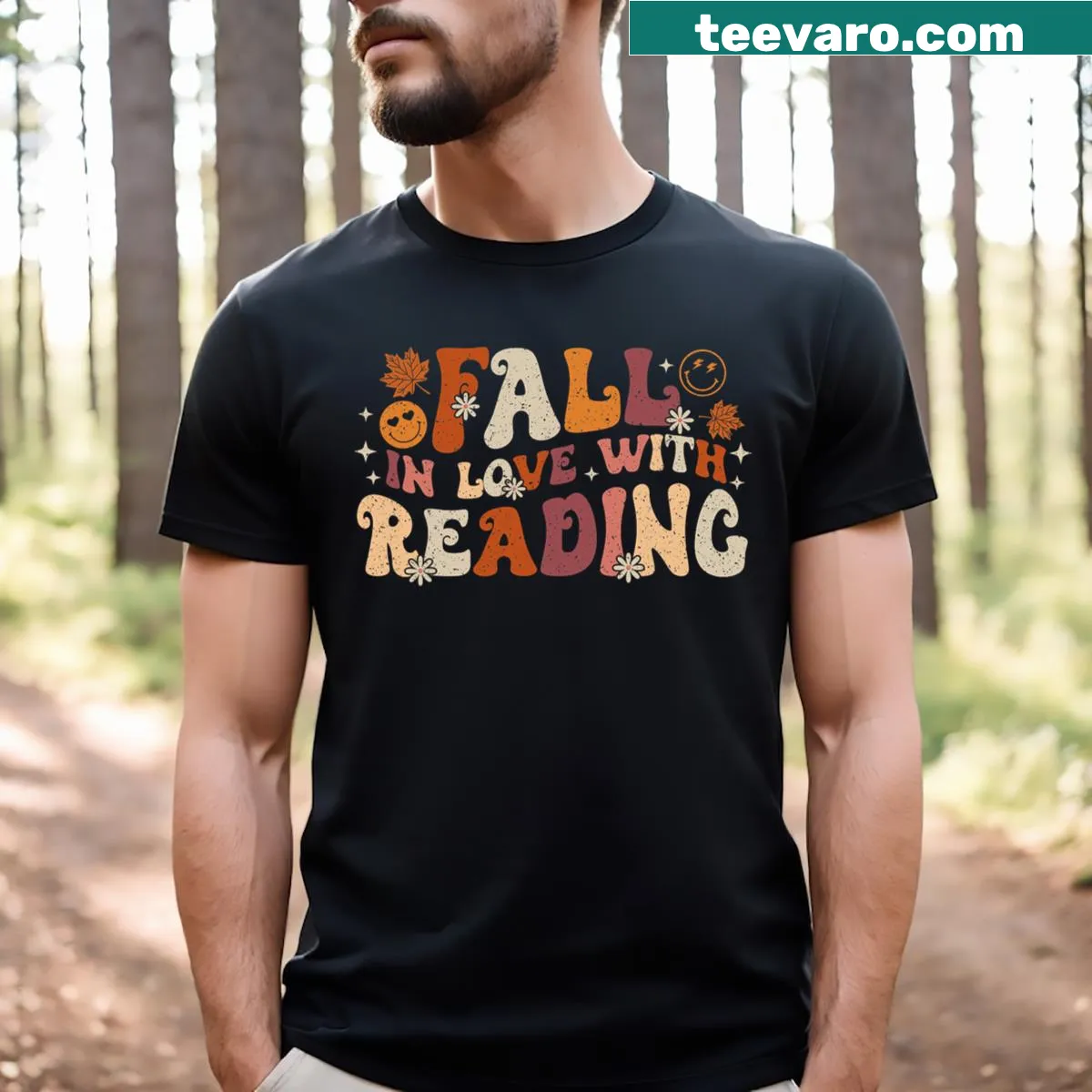 Illustration T-shirt promoting reading with autumn and Thanksgiving themes — on a men's t-shirt