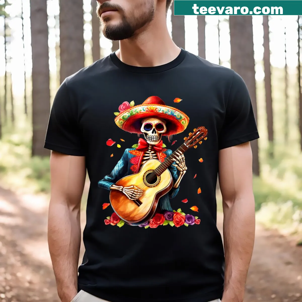 Floral guitar design with a mariachi figure for Dia De Los Muertos — on a men's t-shirt
