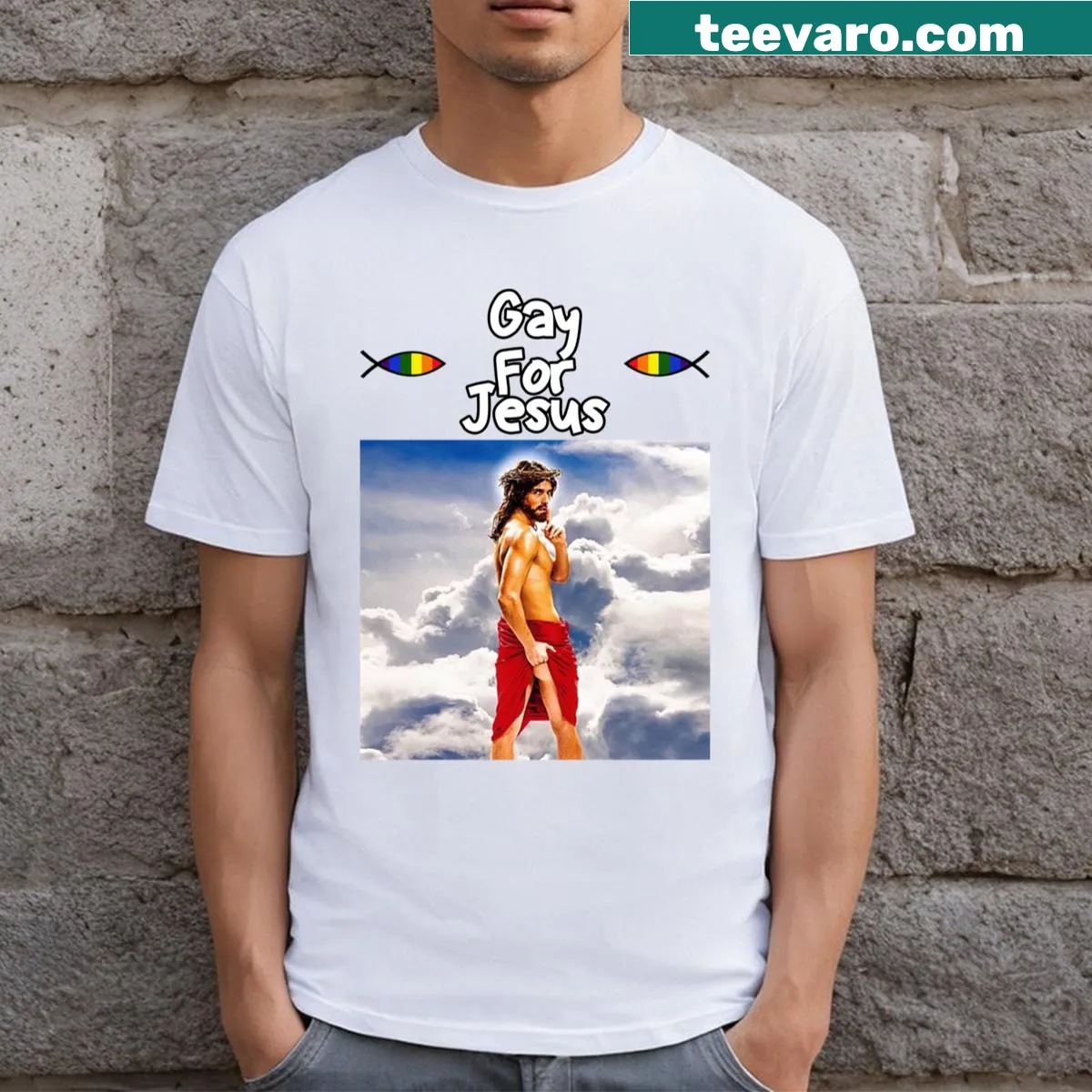 Proud t-shirt with the phrase 'Gay For Jesus' — on a men's t-shirt
