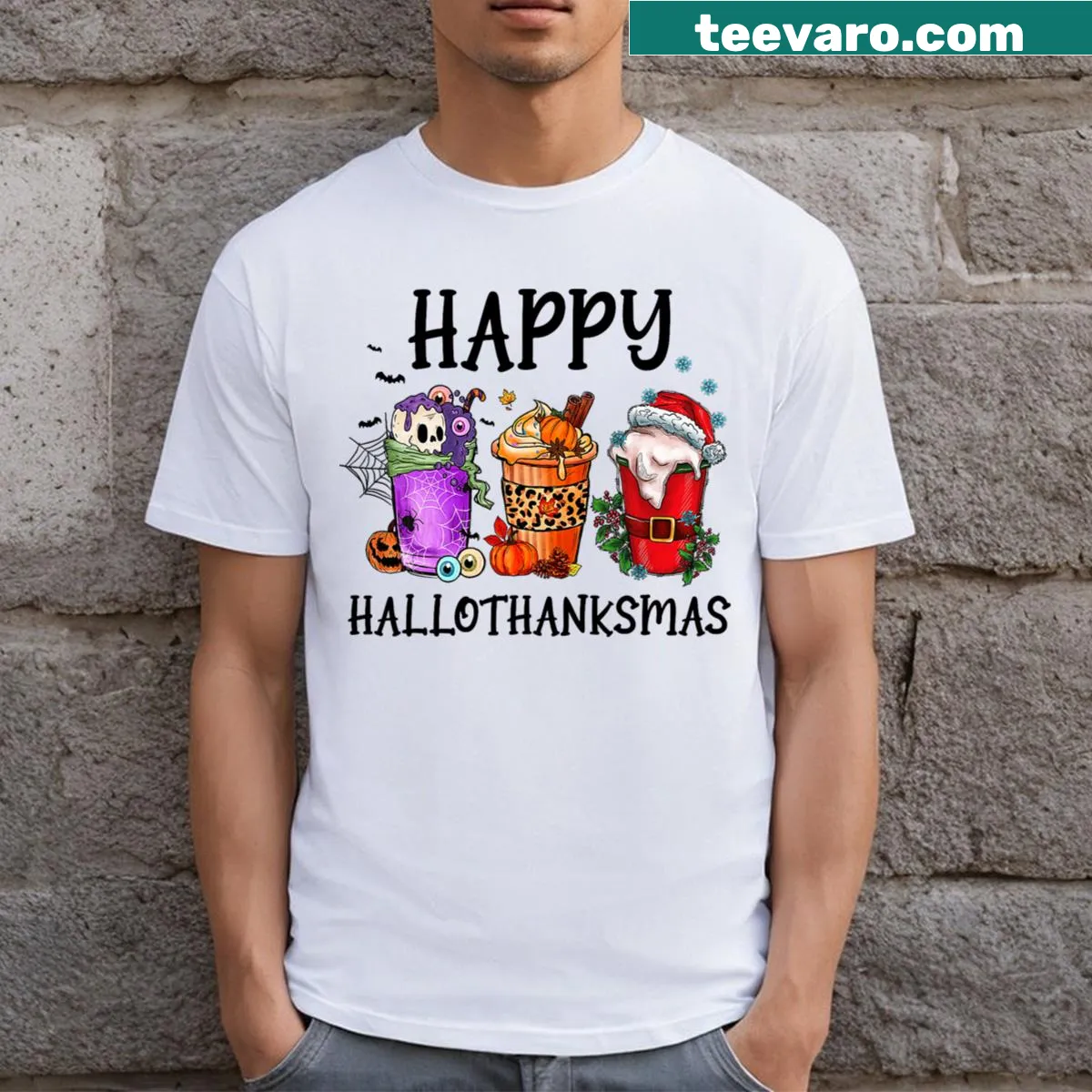 Playful Hallothanksmas graphic t-shirt celebrating three holidays — on a men's t-shirt
