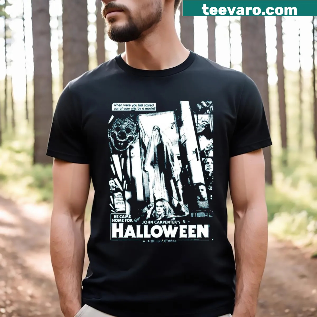 Nostalgic graphic celebrating the 1978 Halloween film. — on a men's t-shirt