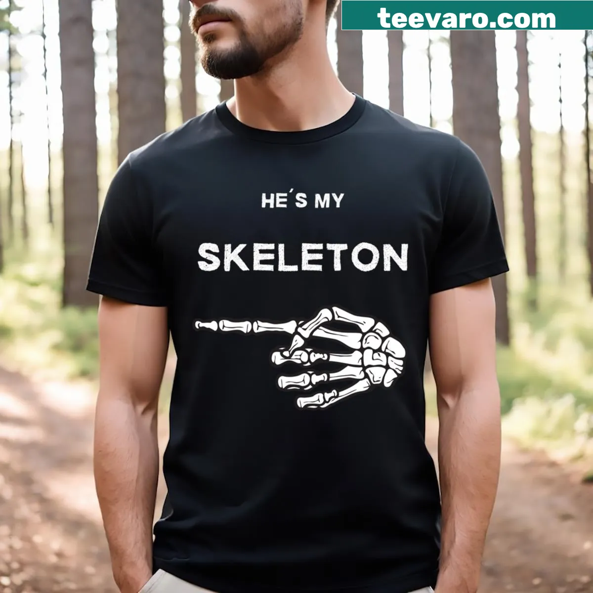 Funny He's My Skeleton Halloween T-shirt with playful skeleton graphic — on a men's t-shirt