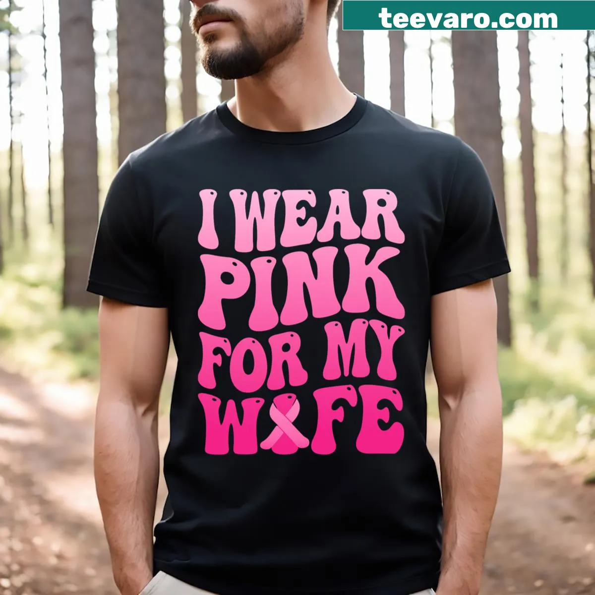 Breast cancer support ribbon t-shirt featuring a pink design — on a men's t-shirt