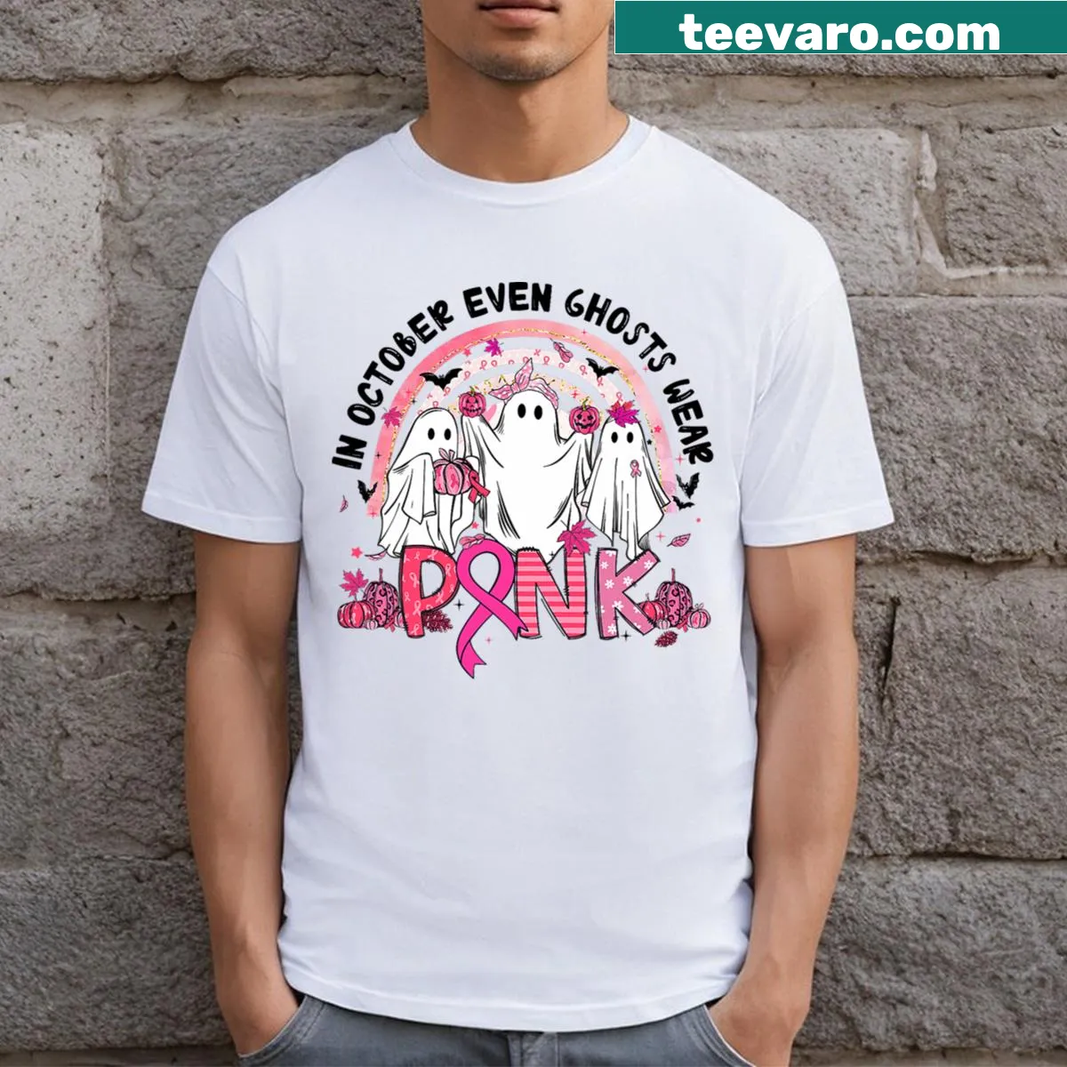 Ghost illustration with breast cancer awareness ribbon on T-shirt — on a men's t-shirt