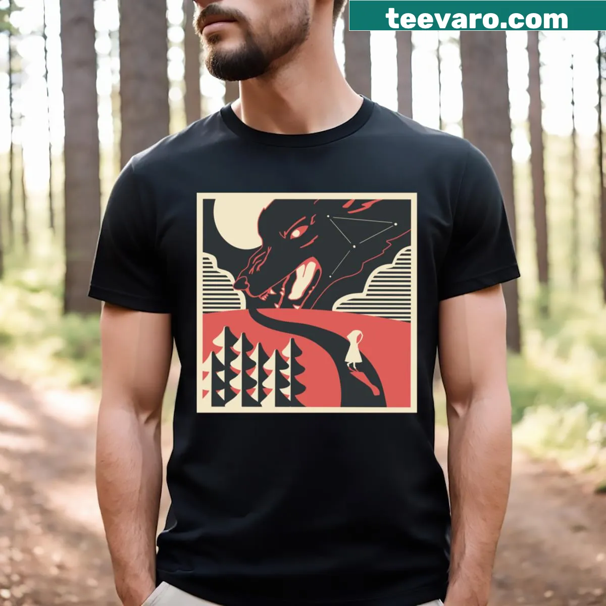 T-shirt featuring Little Red Riding Hood illustration — on a men's t-shirt