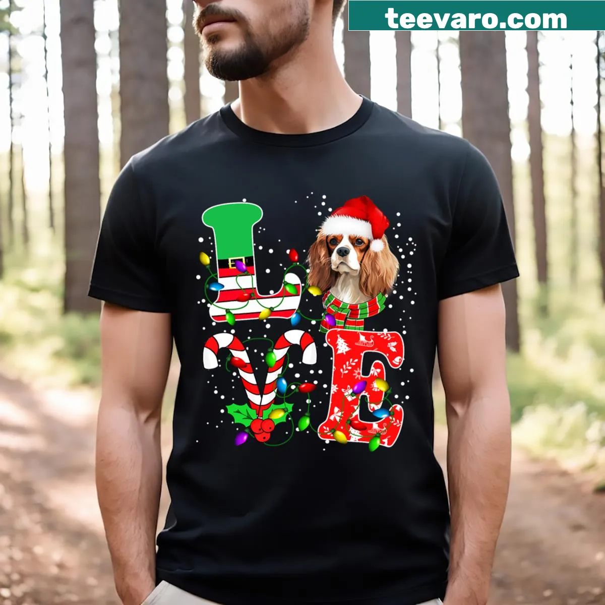 Christmas t-shirt with a Cavalier King Charles Spaniel illustration — on a men's t-shirt