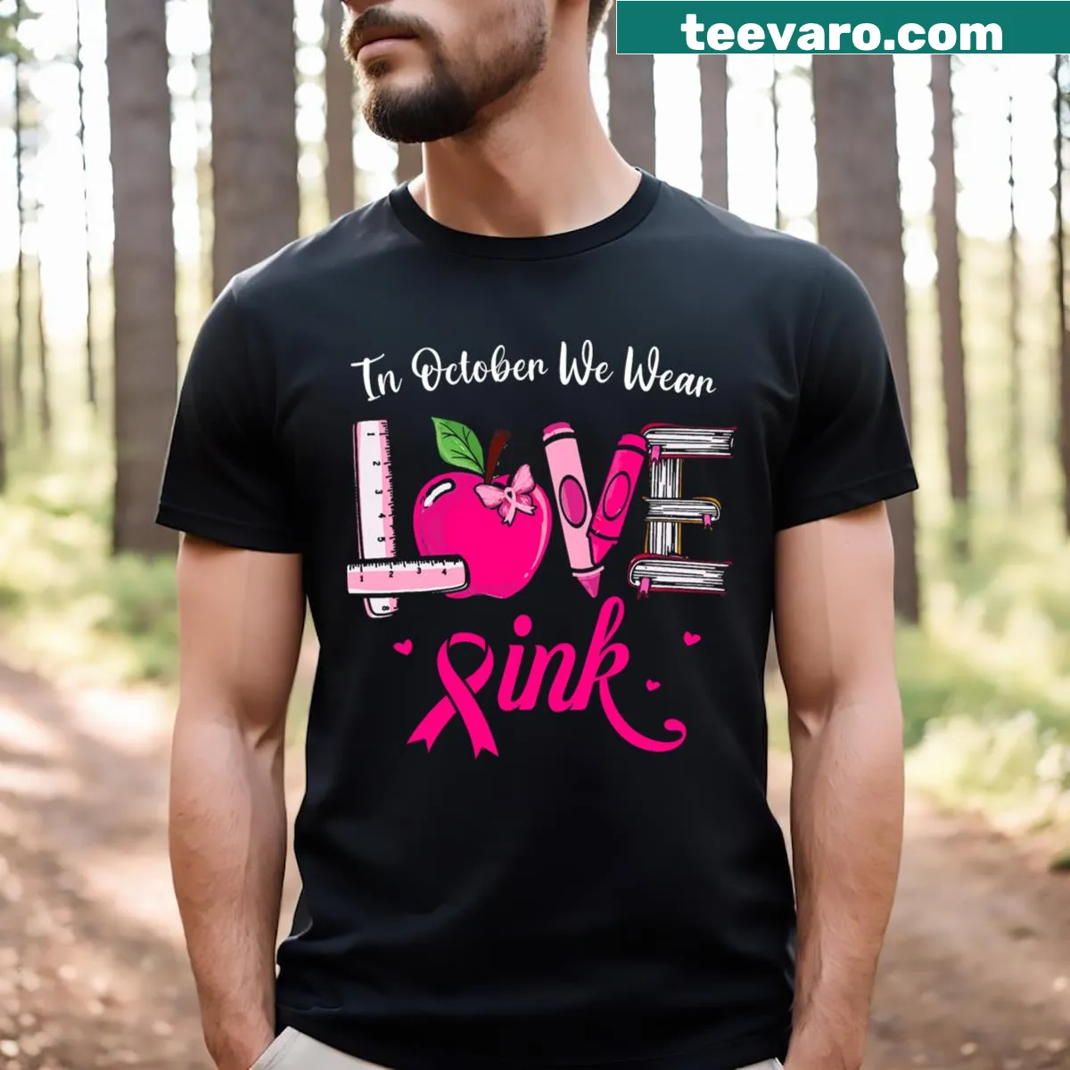 Breast cancer awareness teacher t-shirt with supportive typography design — on a men's t-shirt