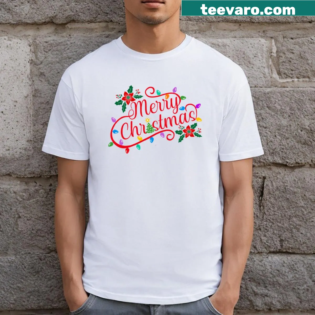 Christmas t-shirt featuring holly berries illustration — on a men's t-shirt