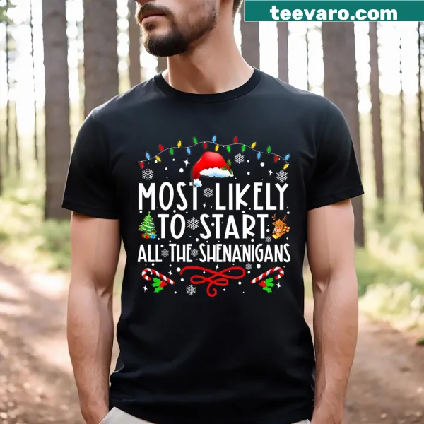 Funny Christmas t-shirt with text about starting holiday shenanigans
