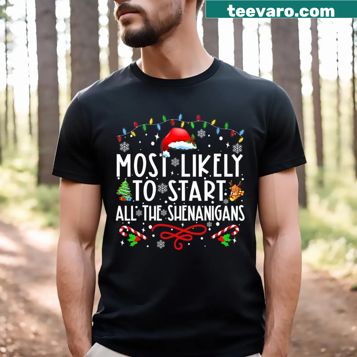 Funny Christmas t-shirt with text about starting holiday shenanigans — on a men's t-shirt
