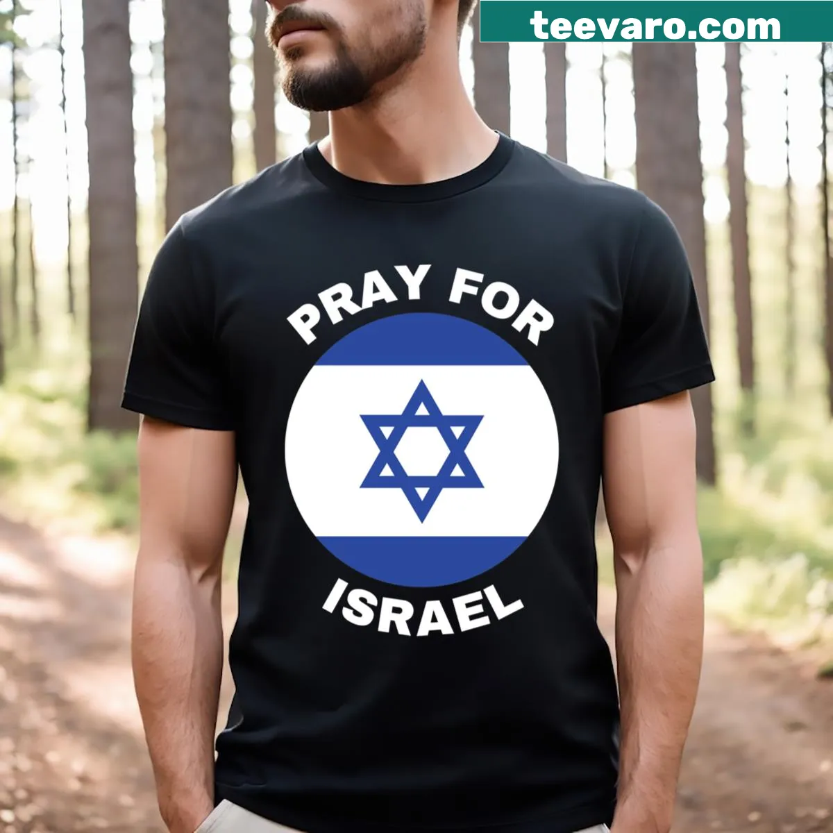 Illustration of the phrase Pray For Israel with flag design — on a men's t-shirt