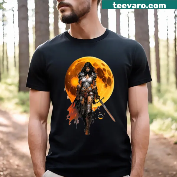 Graphic t-shirt featuring a fierce sci-fi warrior in a futuristic illustration