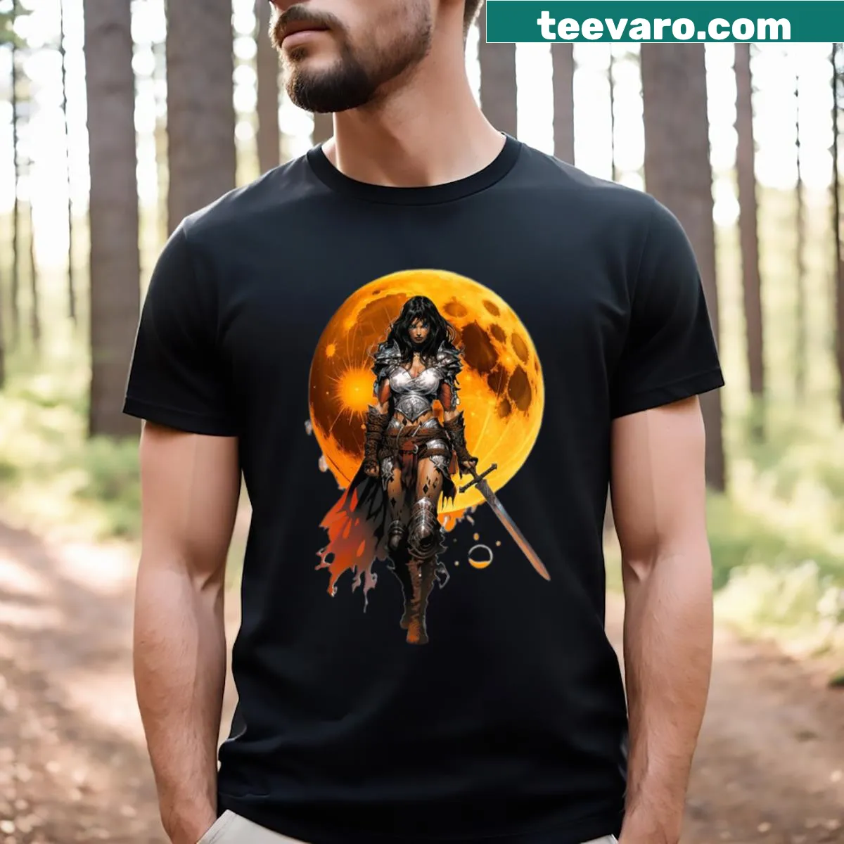 Graphic t-shirt featuring a fierce sci-fi warrior in a futuristic illustration — on a men's t-shirt