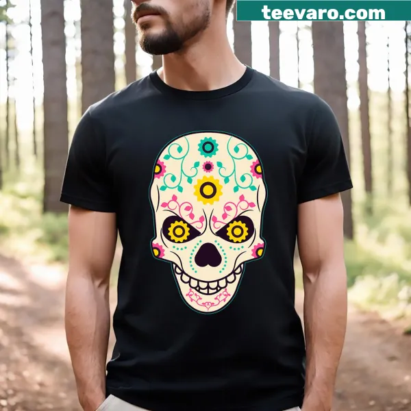 Graphic t-shirt featuring sugar skulls for Dia De Los Muertos celebration