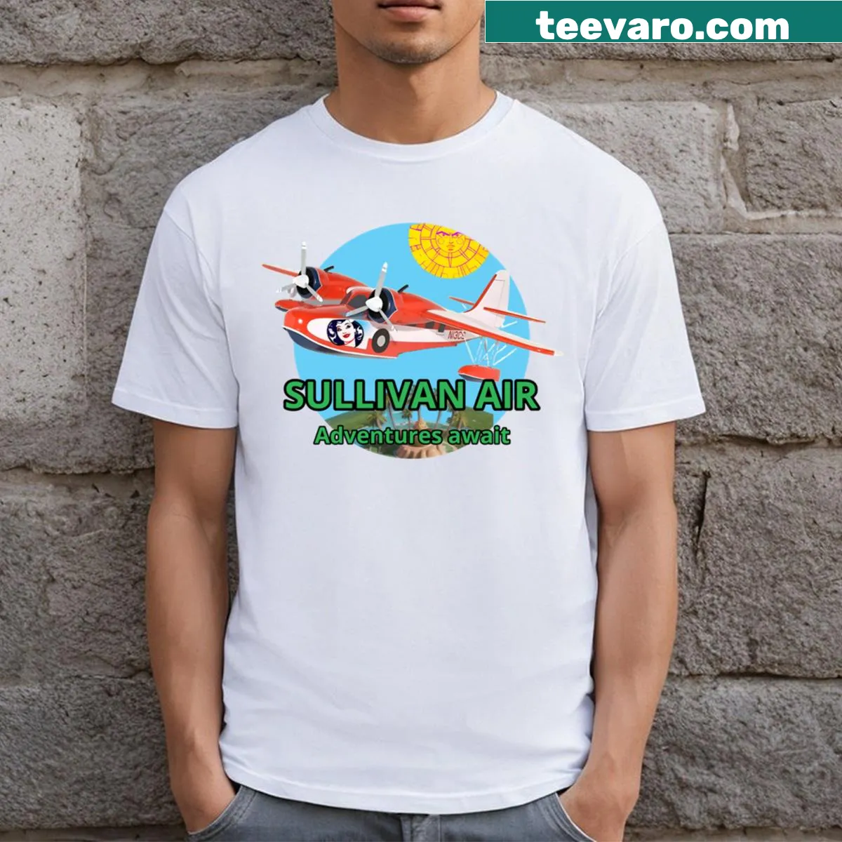 Graphic t-shirt featuring an aviation emblem for Sullivan Air — on a men's t-shirt