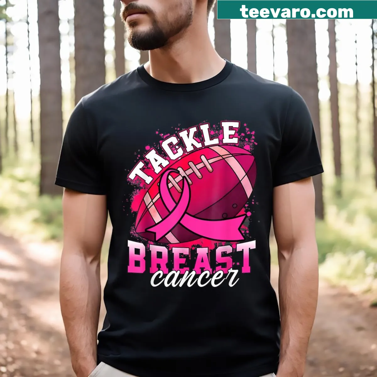 Kids' T-shirt with football silhouette and pink ribbon for breast cancer awareness — on a men's t-shirt