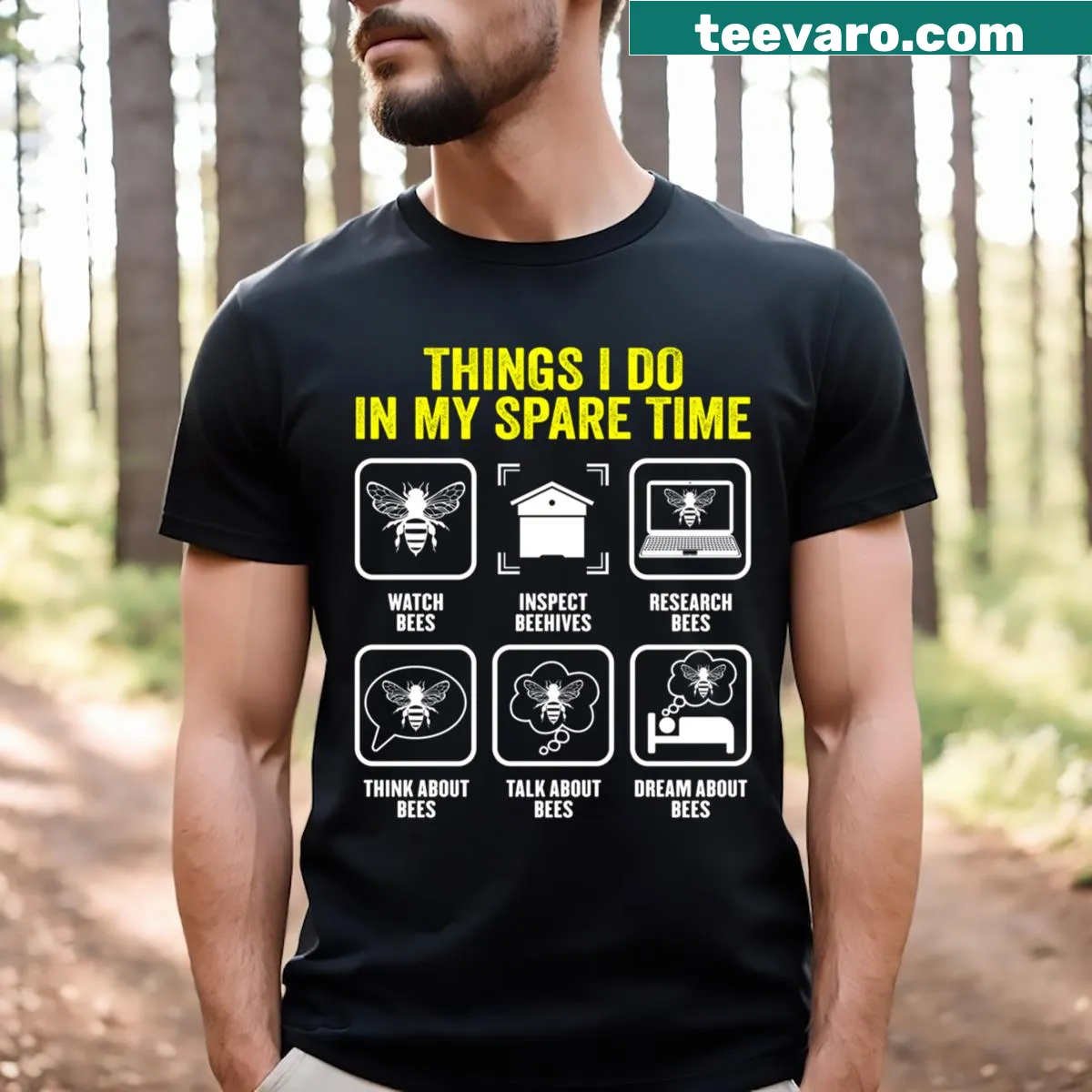 Bee-themed shirt listing spare time activities of a beekeeper — on a men's t-shirt