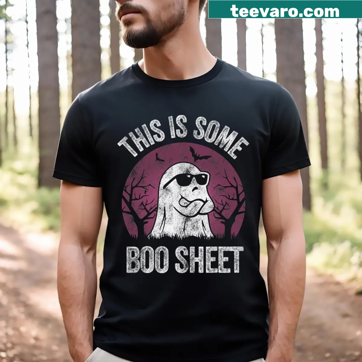 Humorous Halloween tee with 'This Is Some Boo Sheet' and ghost graphics — on a men's t-shirt