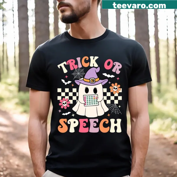 Retro Halloween t-shirt with 'Trick Or Speech' text for speech therapists