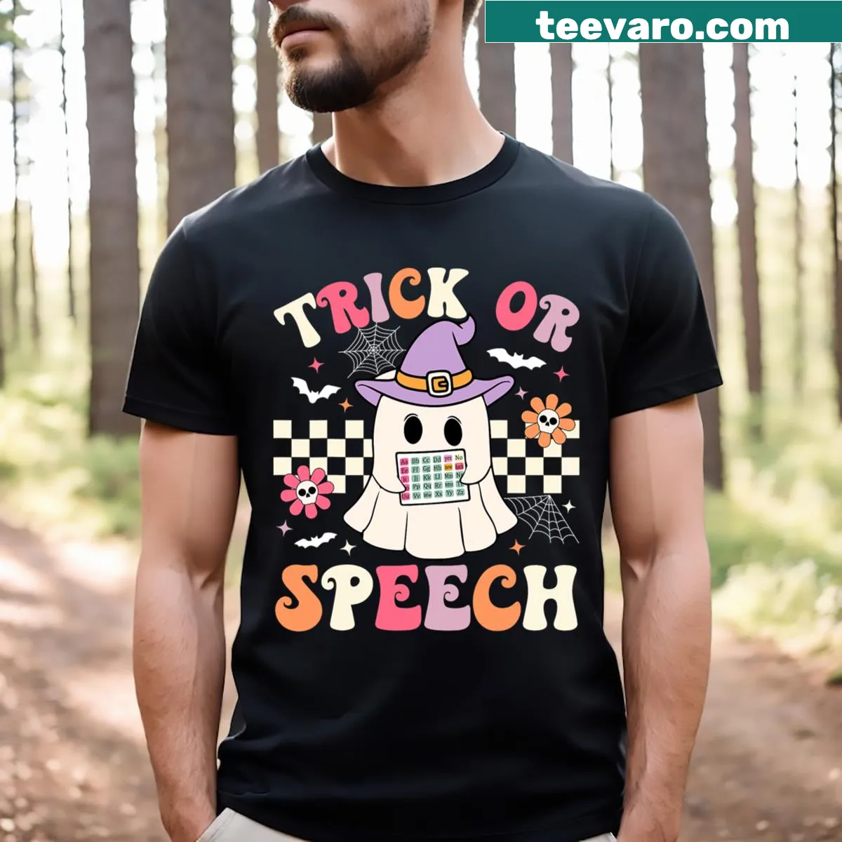 Retro Halloween t-shirt with 'Trick Or Speech' text for speech therapists — on a men's t-shirt