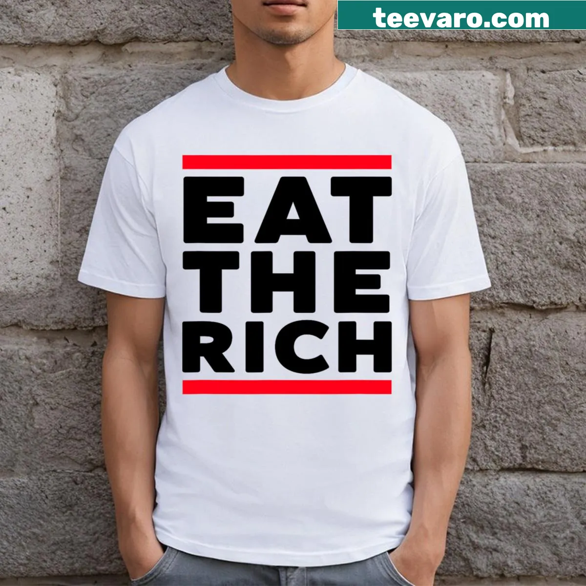 T-shirt displaying the phrase 'Eat The Rich' with a leadership theme — on a men's t-shirt