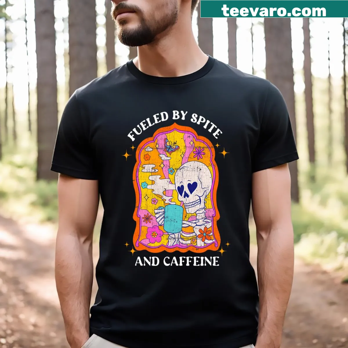 Illustrated skeleton design with a humorous caffeine theme for Halloween. — on a men's t-shirt