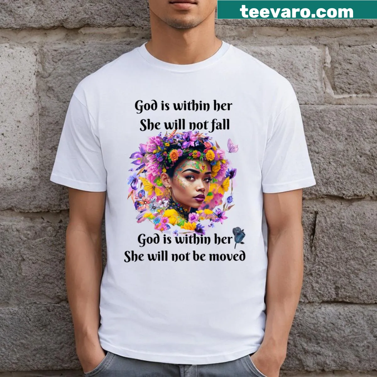 T-shirt featuring a woman surrounded by a bouquet of flowers — on a men's t-shirt