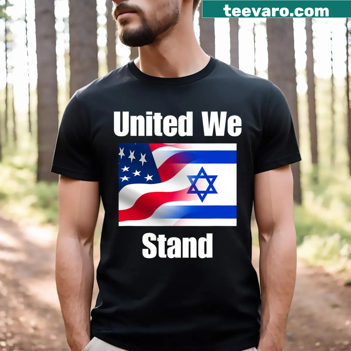 T-shirt with American and Israeli flags and text 'United We Stand' — on a men's t-shirt