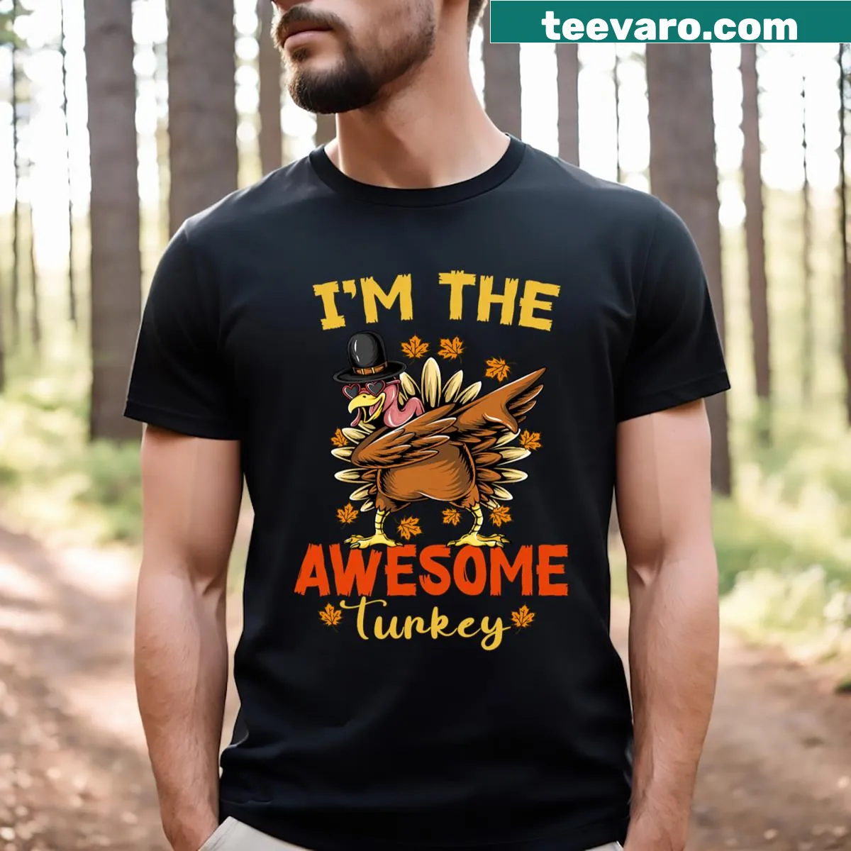 Family matching T-shirt with playful turkey illustration for Thanksgiving. — on a men's t-shirt