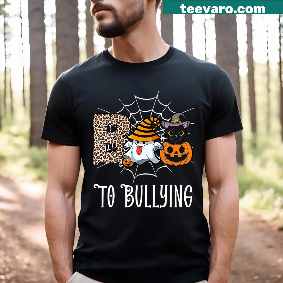 Halloween-themed T-shirt promoting anti-bullying with cartoon design — on a men's t-shirt