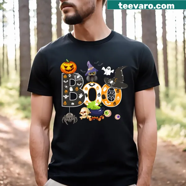 Halloween T-shirt with cartoon owl, pumpkin, and ghost design.