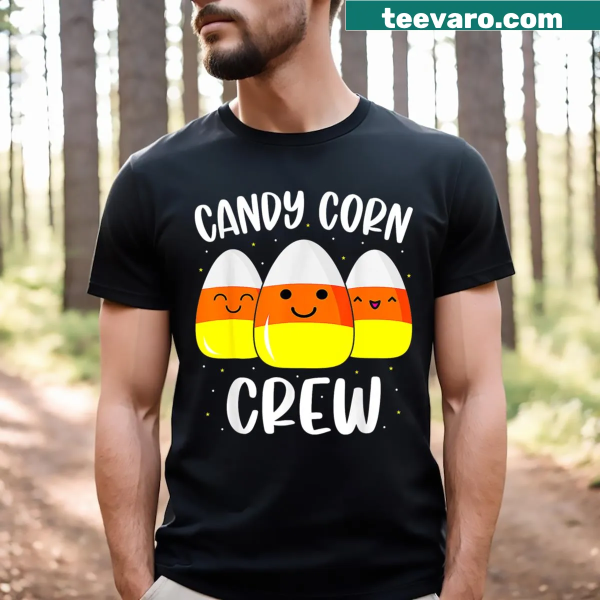 Halloween T-shirt with candy corn design and 'Candy Corn Crew' text — on a men's t-shirt