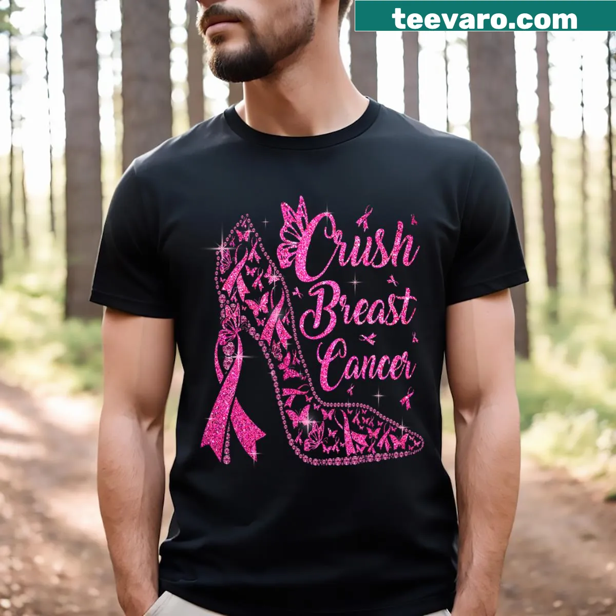 Bling embellished pink ribbon graphic for breast cancer awareness — on a men's t-shirt