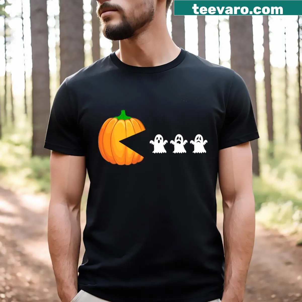 Playful ghost eating pumpkin t-shirt for Halloween — on a men's t-shirt