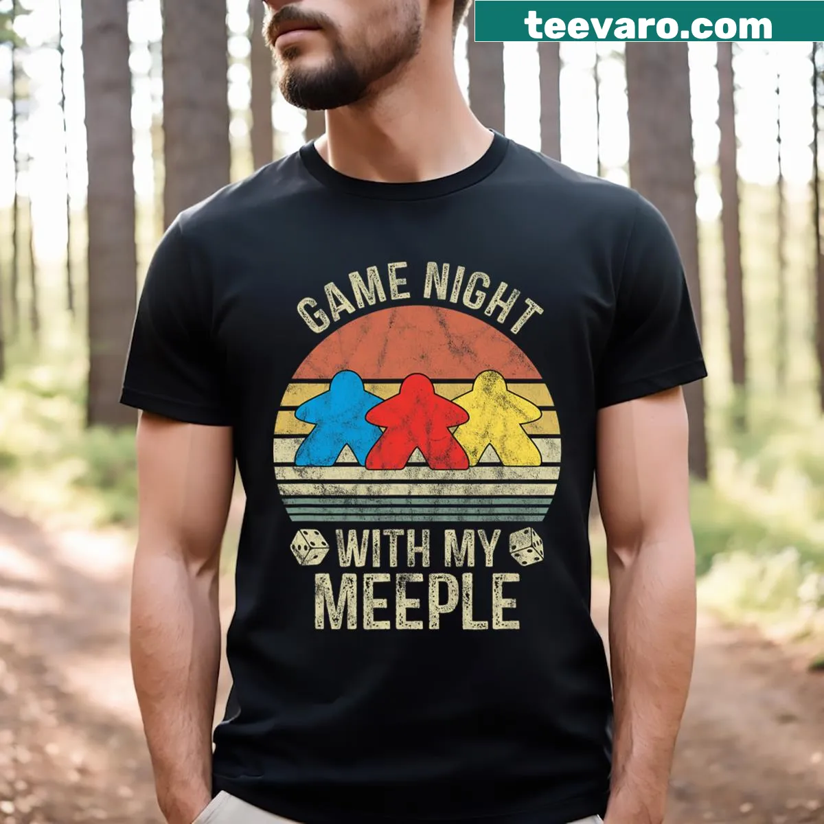 Fun game night t-shirt featuring meeple graphic — on a men's t-shirt