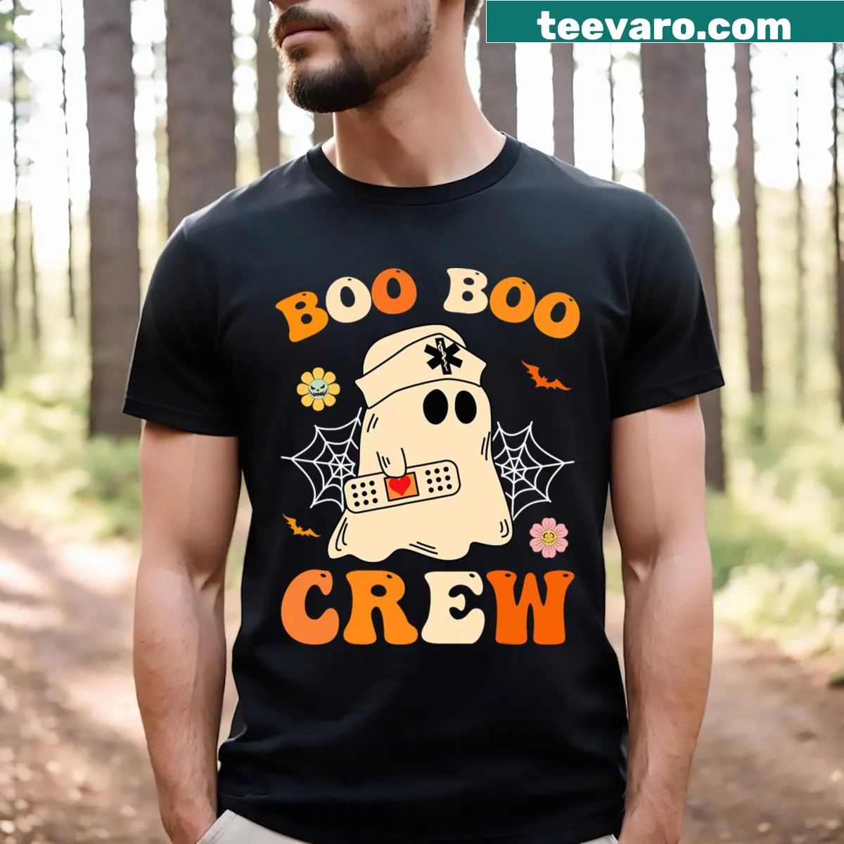 Funny Halloween nurse T-shirt with ghost graphics and Boo Boo Crew text — on a men's t-shirt
