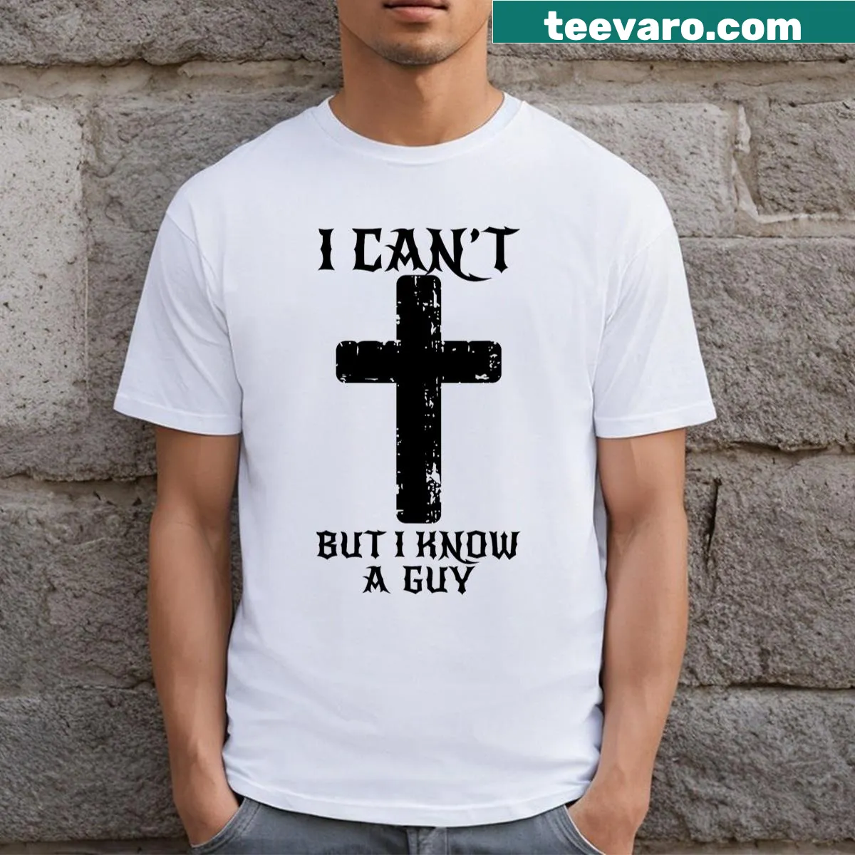 Funny Christian T-shirt with cross and humorous text — on a men's t-shirt