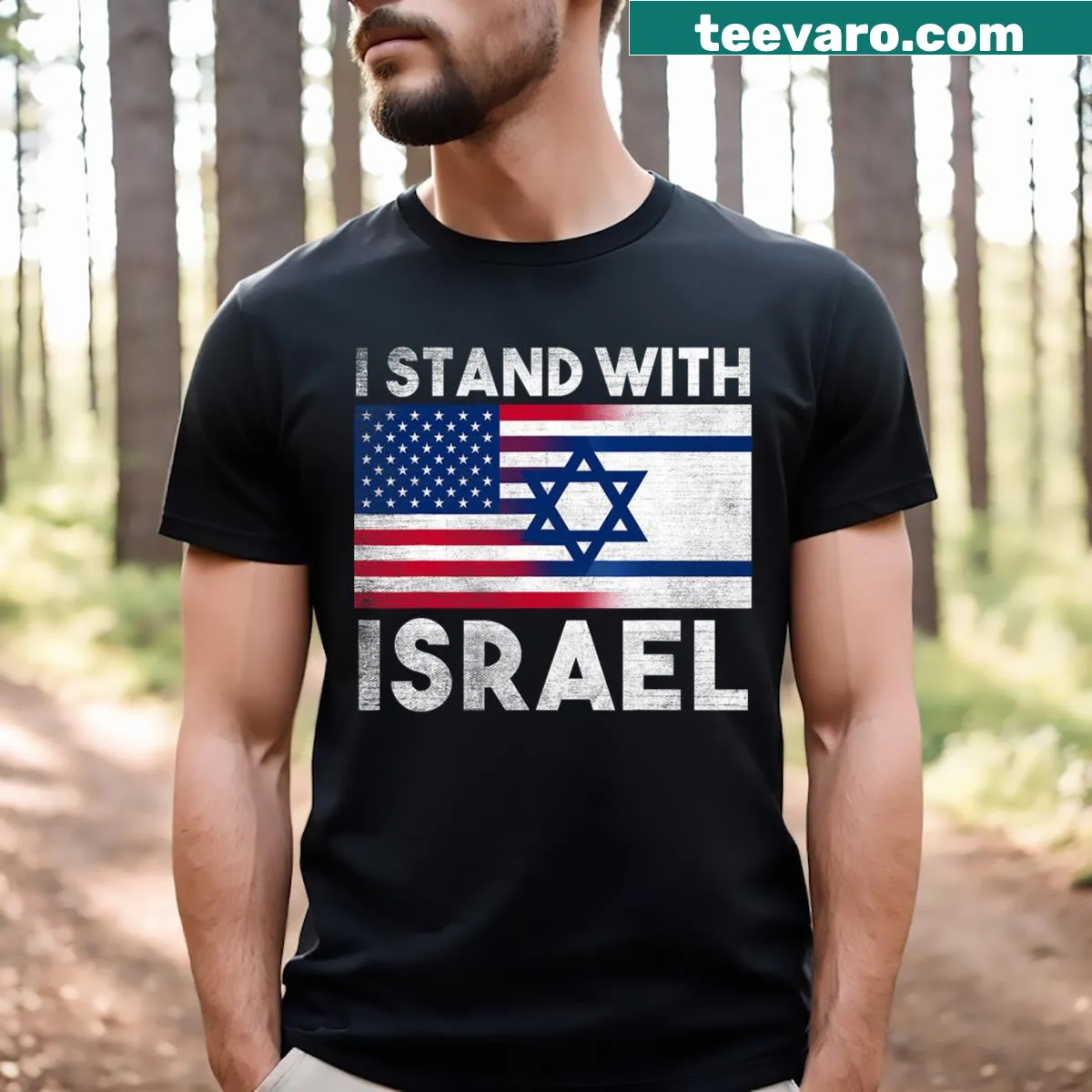 I Stand With Israel t-shirt featuring the Star of David — on a men's t-shirt