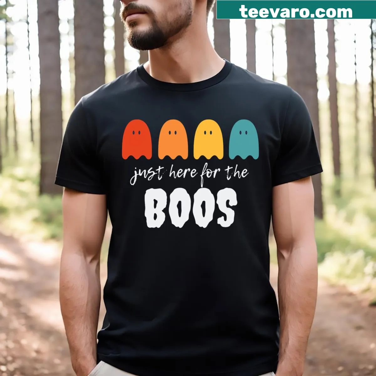 Funny Halloween T-shirt with I'm Just Here For The Boos phrase — on a men's t-shirt